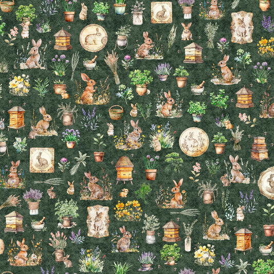 Image of the Hunny Bunny Bunny Allover Forest quilting cotton fabric by Morris Creative Group by QT Fabrics. Features bunnies on a green background. Cute Little Fabric Shop