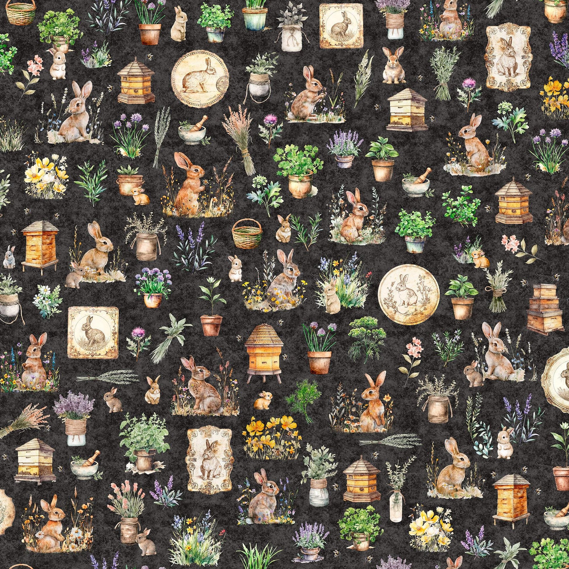 Image of the Hunny Bunny Bunny Allover Charcoal quilting cotton fabric by Morris Creative Group by QT Fabrics. Features bunnies on a black background. Cute Little Fabric Shop