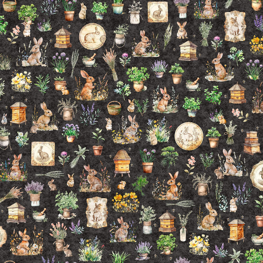 Image of the Hunny Bunny Bunny Allover Charcoal quilting cotton fabric by Morris Creative Group by QT Fabrics. Features bunnies on a black background. Cute Little Fabric Shop