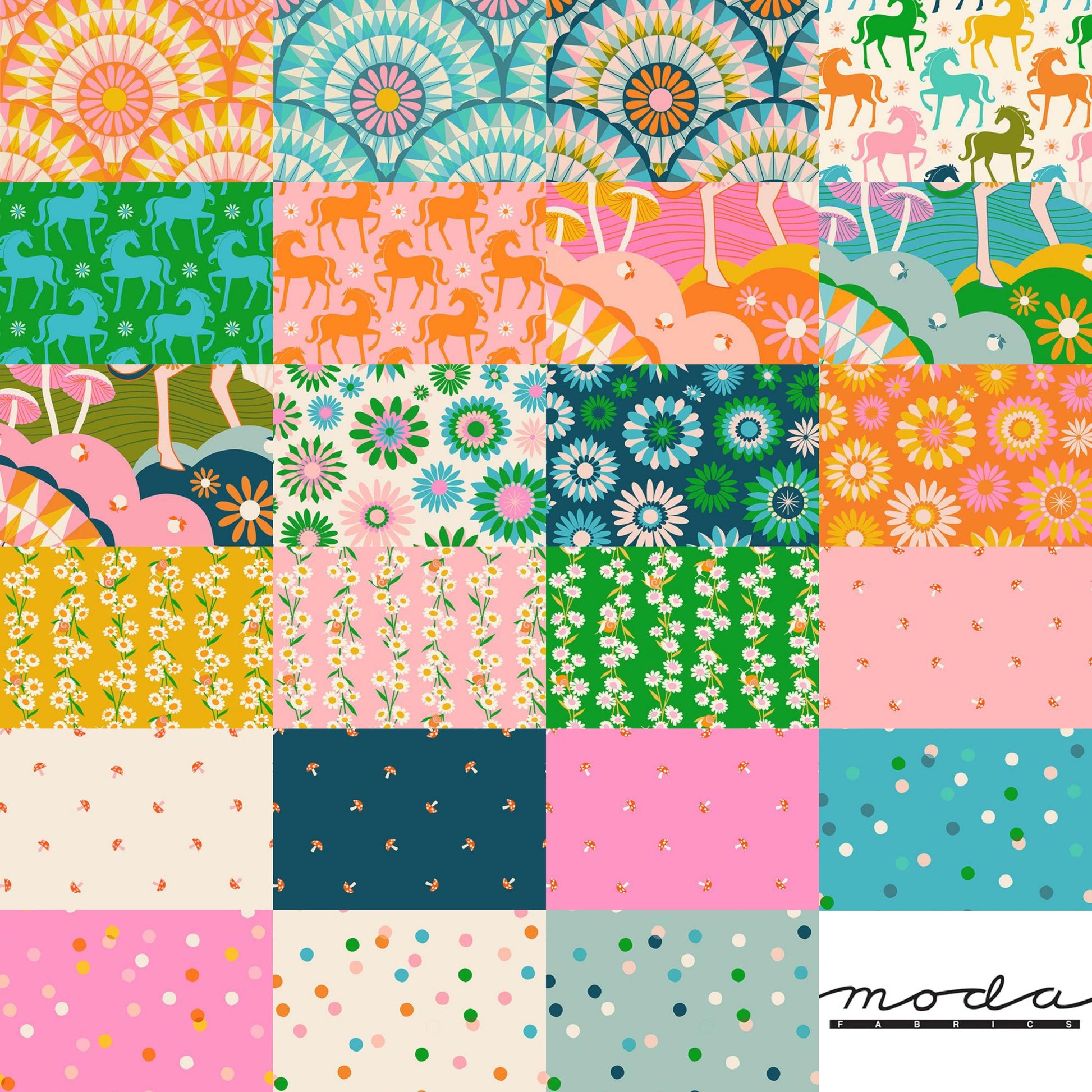 Image of the Carousel collage by Ruby Star Society for Moda Fabrics. Features bright colored fabrics. 
Cute Little Fabric Shop