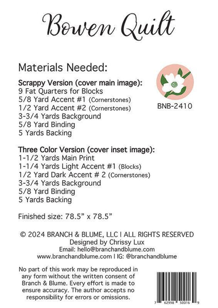 Image of the 
Bowen quilt pattern by Chrissy Lux for Moda Fabrics. Features the fabric requirements for this quilt.
Cute Little Fabric Shop