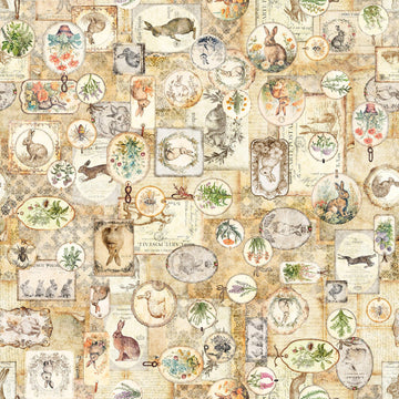 Image of the Hunny Bunny Bunny Collage Tan quilting cotton fabric by Morris Creative Group by QT Fabrics. Features pictures on a tan background. Cute Little Fabric Shop