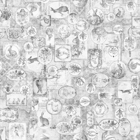 Image of the Hunny Bunny Bunny Collage Gray quilting cotton fabric by Morris Creative Group by QT Fabrics. Features pictures on a gray background. Cute Little Fabric Shop