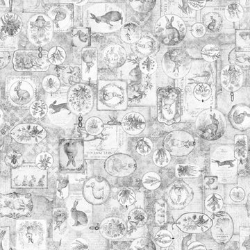 Image of the Hunny Bunny Bunny Collage Gray quilting cotton fabric by Morris Creative Group by QT Fabrics. Features pictures on a gray background. Cute Little Fabric Shop