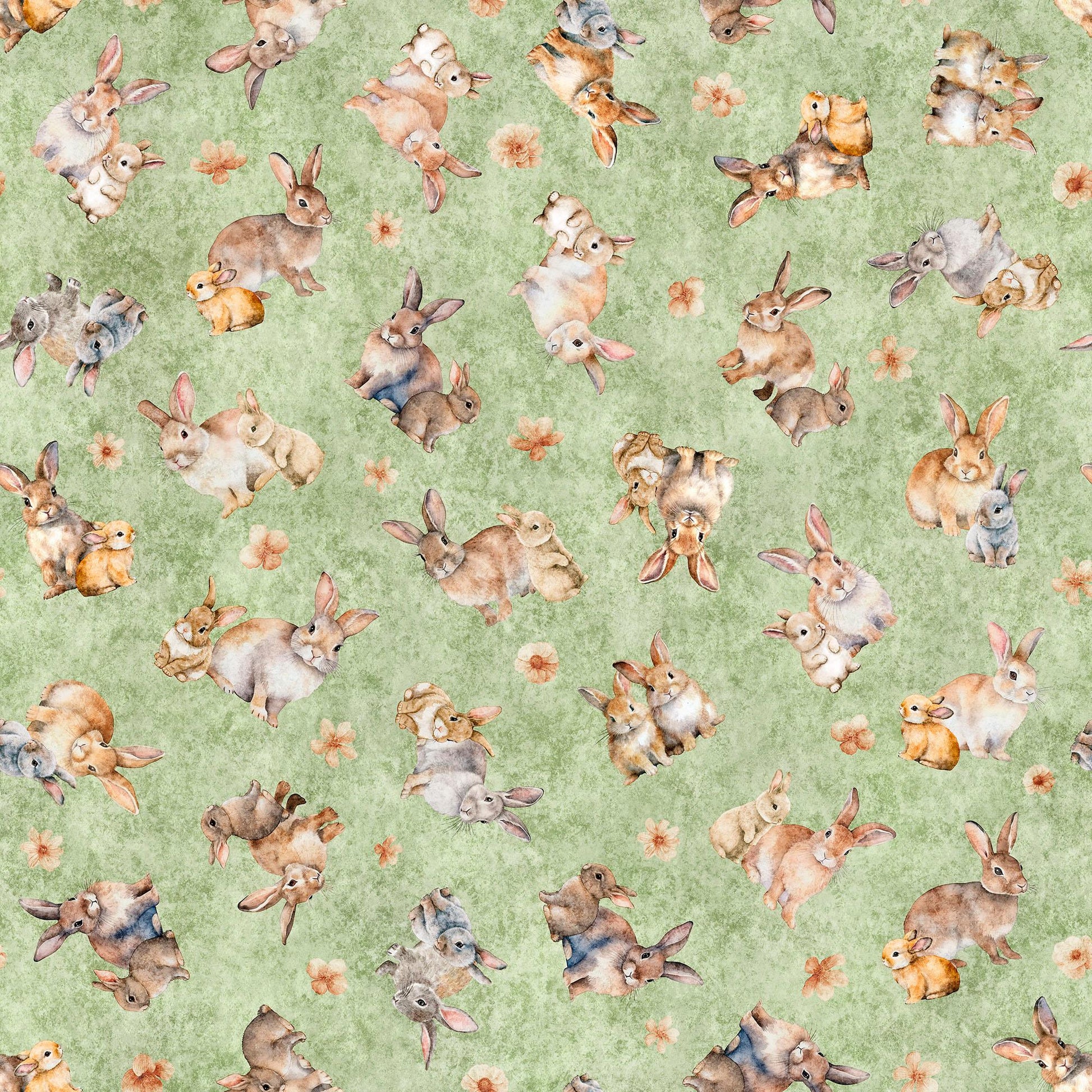 Image of the Hunny Bunny Tossed Bunnies Sage quilting cotton fabric by Morris Creative Group by QT Fabrics. Features bunnies on a green background. Cute Little Fabric Shop