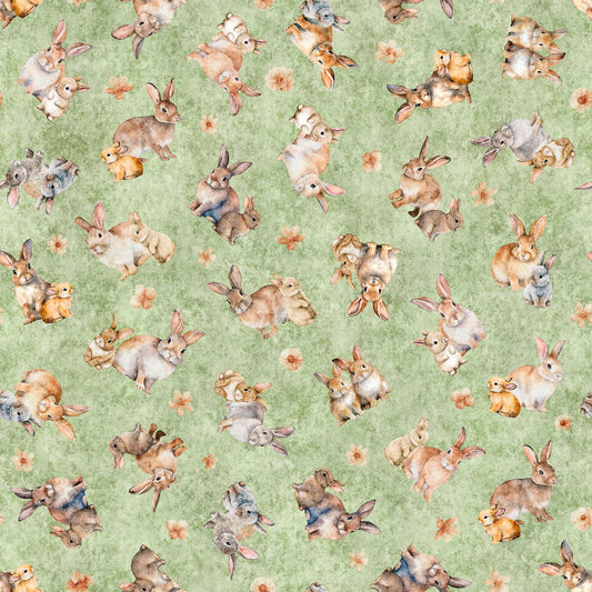 Image of the Hunny Bunny Tossed Bunnies Sage quilting cotton fabric by Morris Creative Group by QT Fabrics. Features bunnies on a green background. Cute Little Fabric Shop