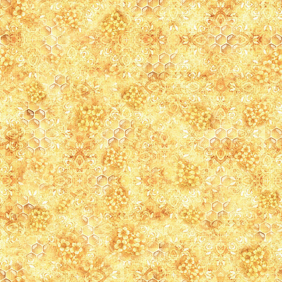 Image of the Hunny Bunny Honeycomb Blender Butter quilting cotton fabric by Morris Creative Group by QT Fabrics. Features honeycomb on a yellow background. Cute Little Fabric Shop