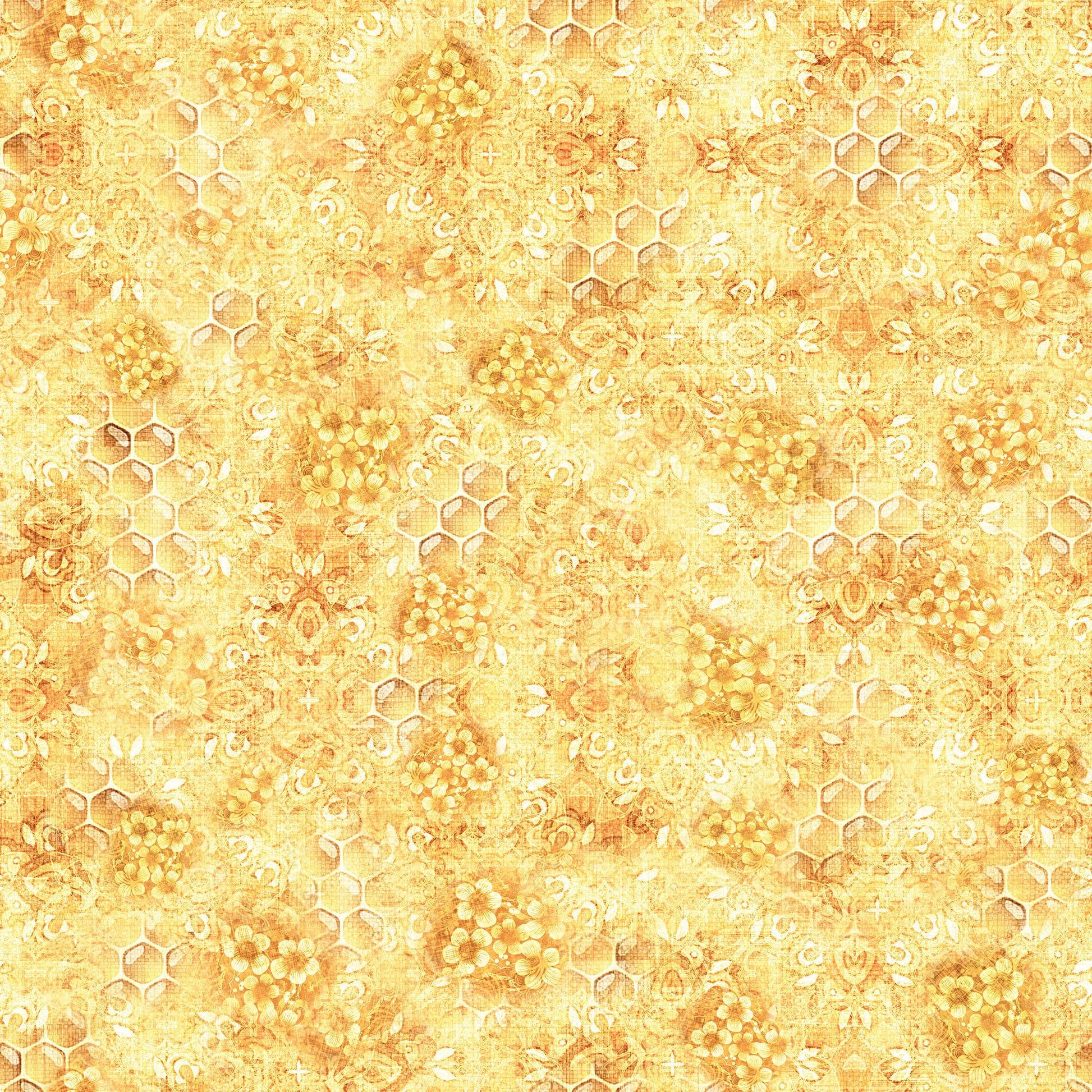 Image of the Hunny Bunny Honeycomb Blender Butter quilting cotton fabric by Morris Creative Group by QT Fabrics. Features honeycomb on a yellow background. Cute Little Fabric Shop