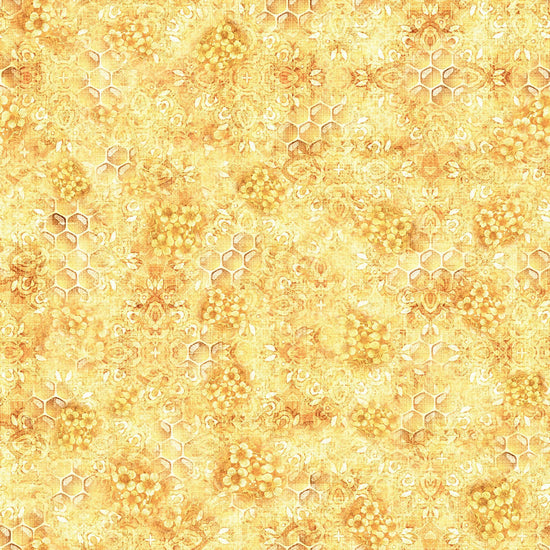 Image of the Hunny Bunny Honeycomb Blender Butter quilting cotton fabric by Morris Creative Group by QT Fabrics. Features honeycomb on a yellow background. Cute Little Fabric Shop