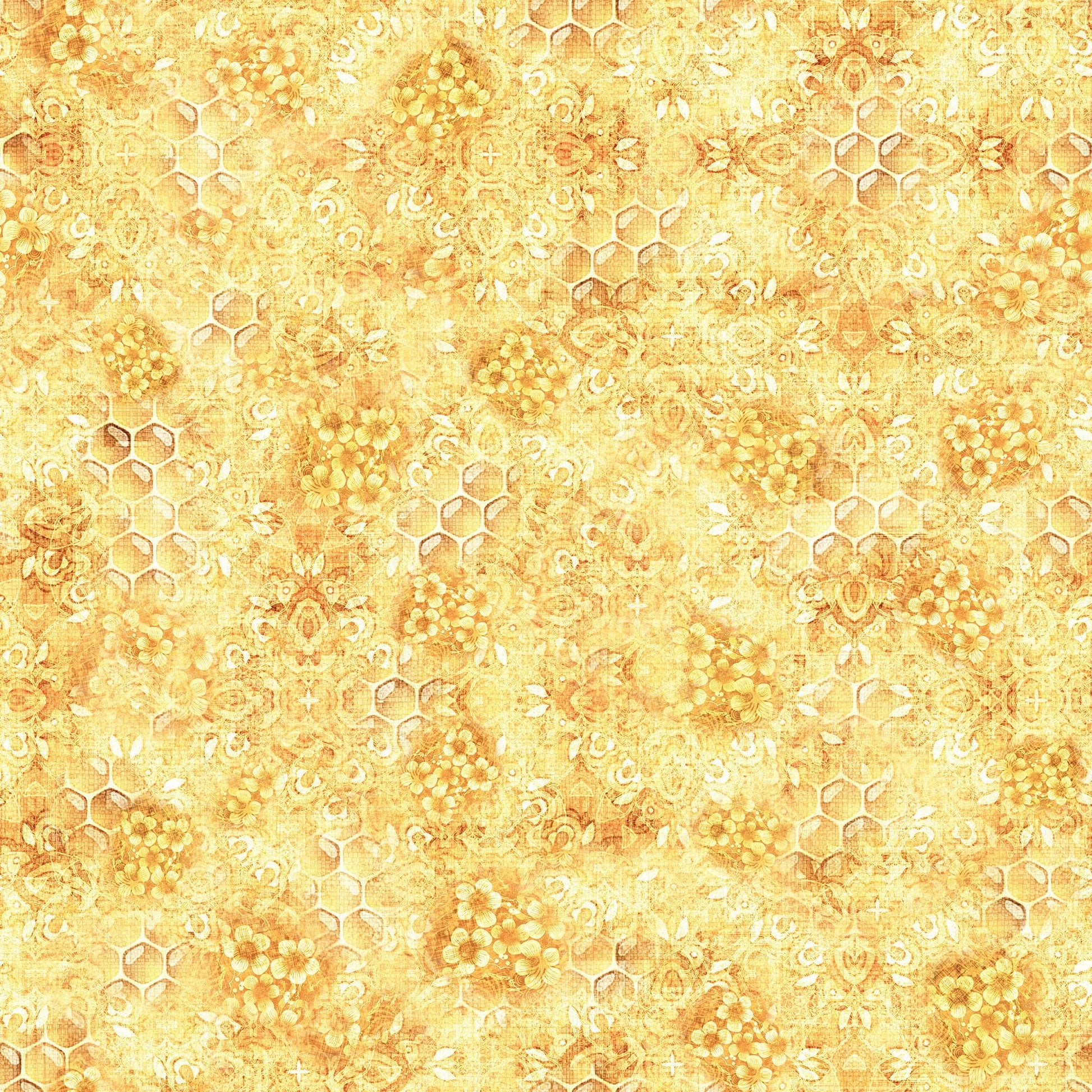 Image of the Hunny Bunny Honeycomb Blender Butter quilting cotton fabric by Morris Creative Group by QT Fabrics. Features honeycomb on a yellow background. Cute Little Fabric Shop