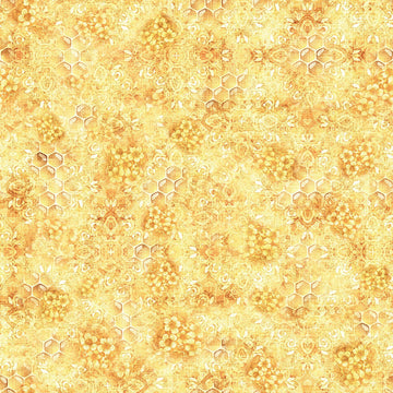 Image of the Hunny Bunny Honeycomb Blender Butter quilting cotton fabric by Morris Creative Group by QT Fabrics. Features honeycomb on a yellow background. Cute Little Fabric Shop