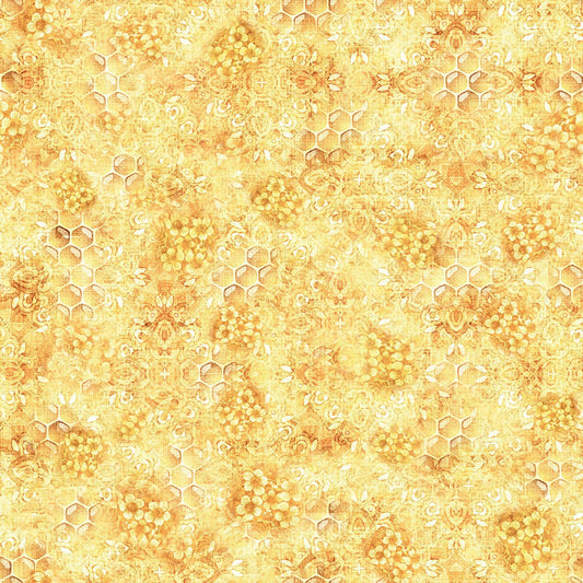 Image of the Hunny Bunny Honeycomb Blender Butter quilting cotton fabric by Morris Creative Group by QT Fabrics. Features honeycomb on a yellow background. Cute Little Fabric Shop