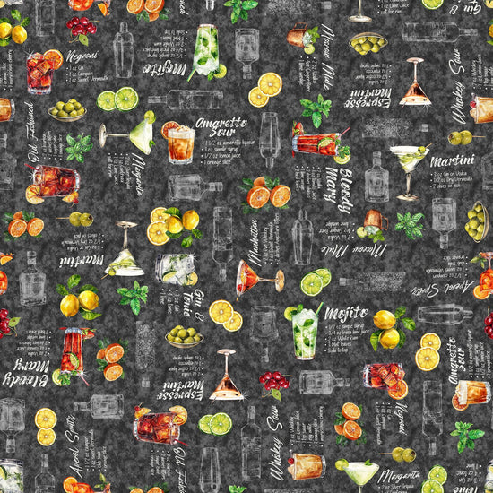 Image of the That's the Spirit Cocktails & Recipes Smoke quilting cotton fabric by Morris Creative Group for QT Fabrics. Features drinks on a gray background. Cute Little Fabric Shop
