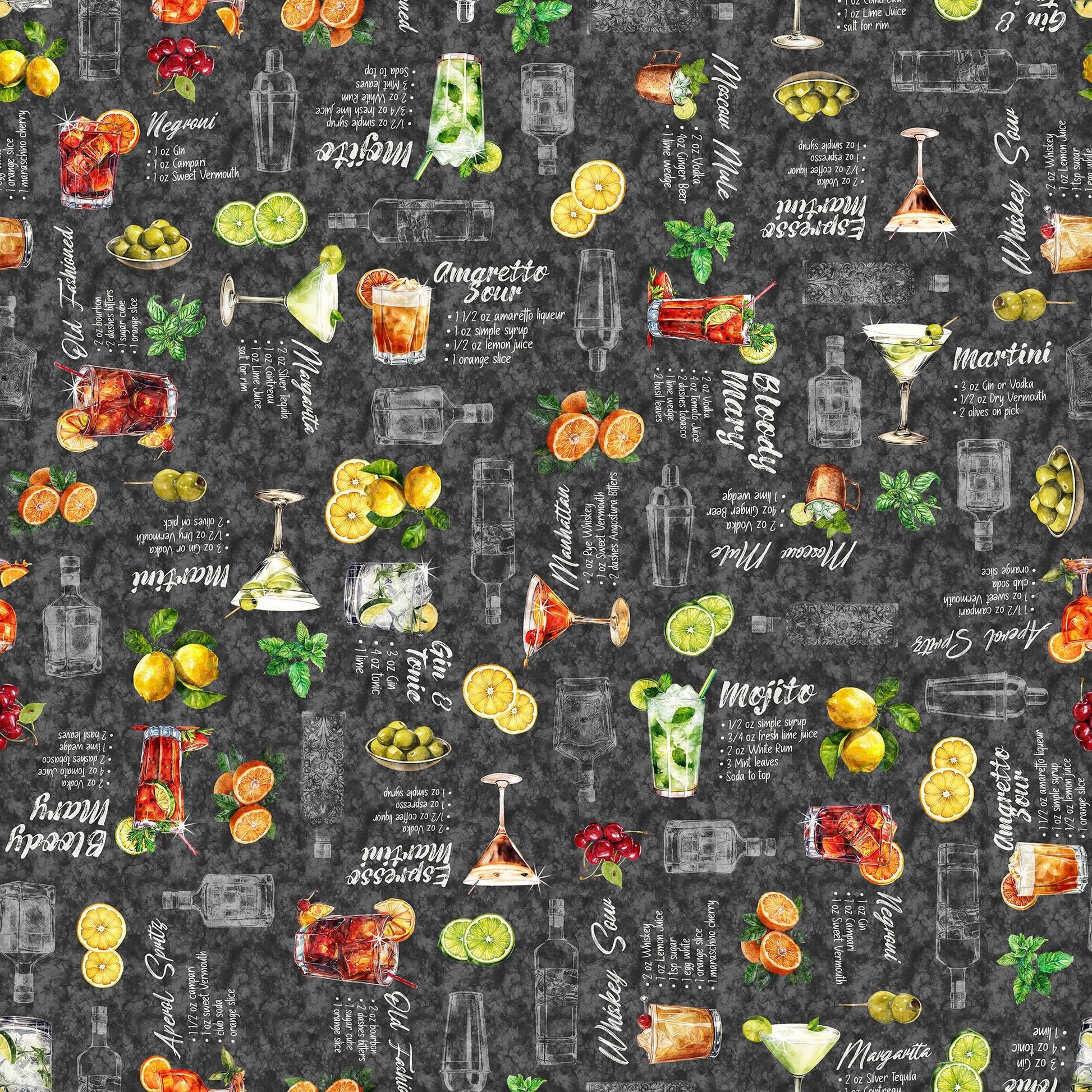 Image of the That's the Spirit Cocktails & Recipes Smoke quilting cotton fabric by Morris Creative Group for QT Fabrics. Features drinks on a gray background. Cute Little Fabric Shop