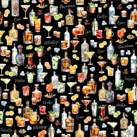 Image of the That&#39;s the Spirit Liquor Bottles & Cocktails Black quilting cotton fabric by Morris Creative Group for QT Fabrics. Features drinks on a black background. Cute Little Fabric Shop