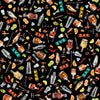 Image of the That's the Spirit Bartender Toss Black quilting cotton fabric by Morris Creative Group for QT Fabrics. Features drink supplies on a black background. Cute Little Fabric Shop