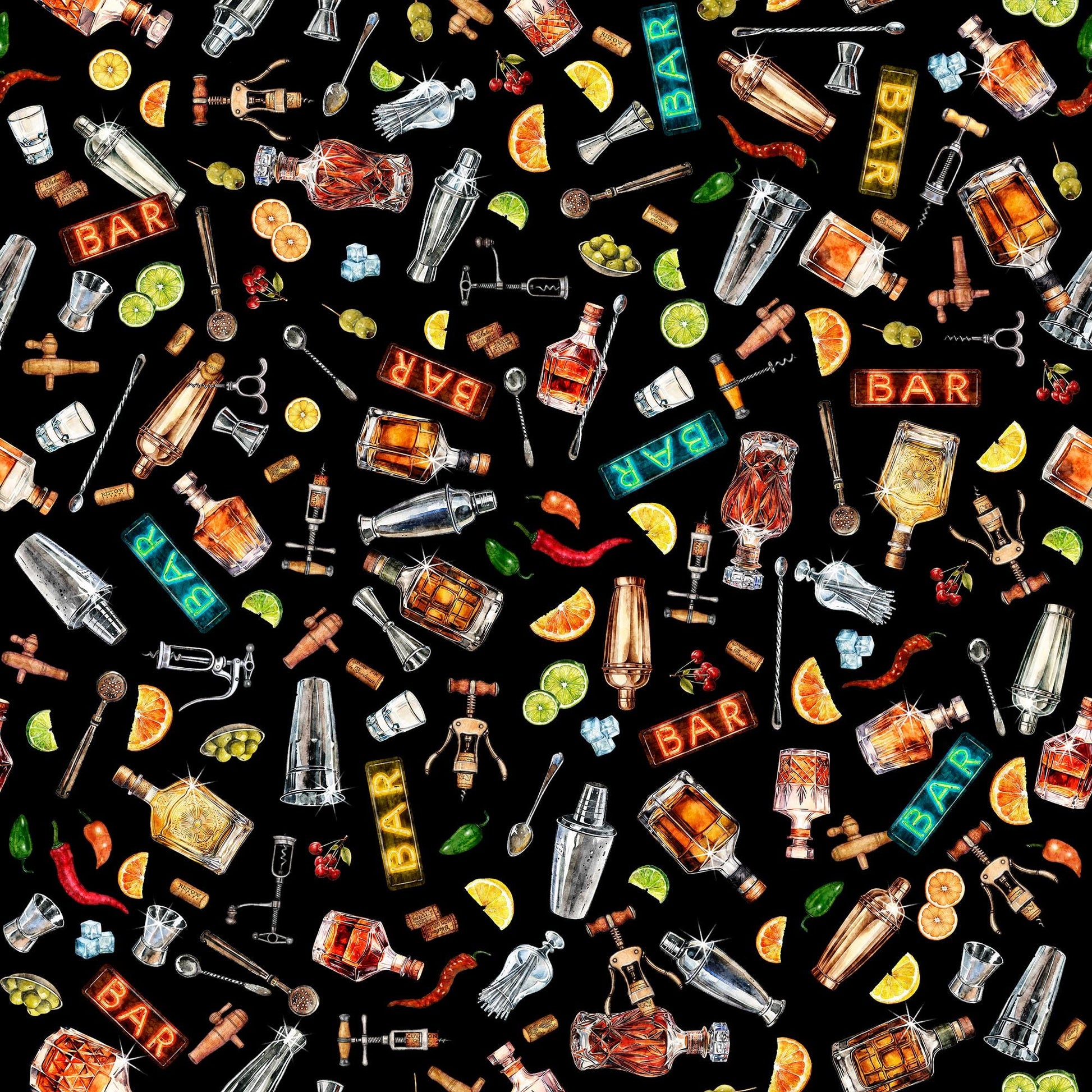 Image of the That's the Spirit Bartender Toss Black quilting cotton fabric by Morris Creative Group for QT Fabrics. Features drink supplies on a black background. Cute Little Fabric Shop