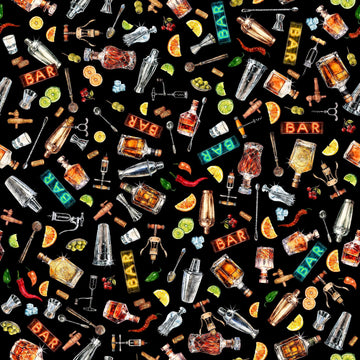 Image of the That's the Spirit Bartender Toss Black quilting cotton fabric by Morris Creative Group for QT Fabrics. Features drink supplies on a black background. Cute Little Fabric Shop