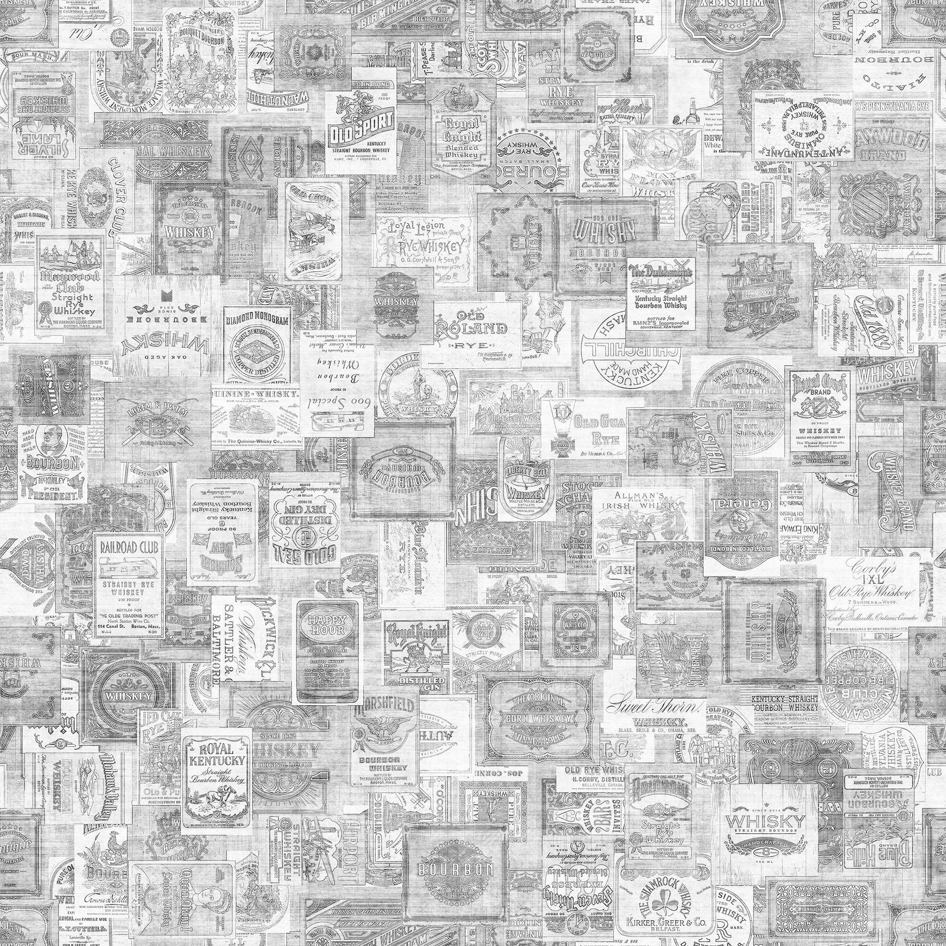 Image of the That's the Spirit Liquor Bottle Labels Gray quilting cotton fabric by Morris Creative Group for QT Fabrics. Features drinks on a gray background. Cute Little Fabric Shop