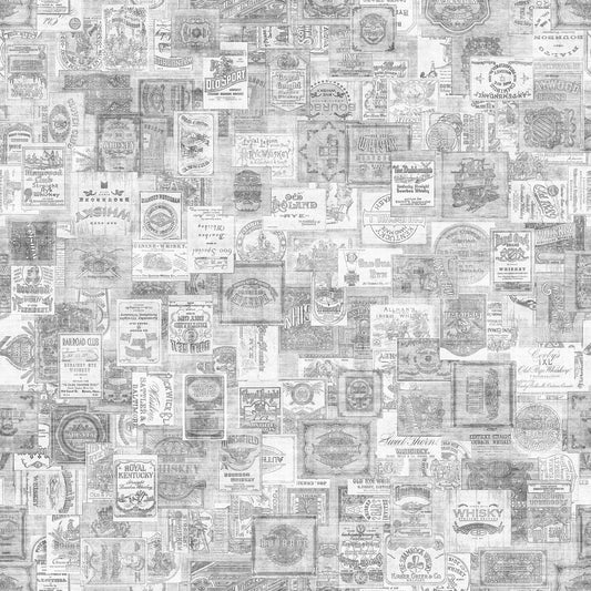 Image of the That's the Spirit Liquor Bottle Labels Gray quilting cotton fabric by Morris Creative Group for QT Fabrics. Features drinks on a gray background. Cute Little Fabric Shop