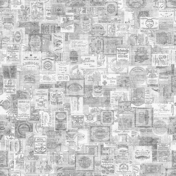 Image of the That&#39;s the Spirit Liquor Bottle Labels Gray quilting cotton fabric by Morris Creative Group for QT Fabrics. Features drinks on a gray background. Cute Little Fabric Shop
