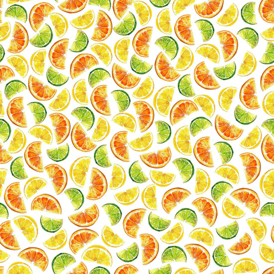 Image of the That's the Spirit Citrus Slices White quilting cotton fabric by Morris Creative Group for QT Fabrics. Features citrus on a white background. Cute Little Fabric Shop
