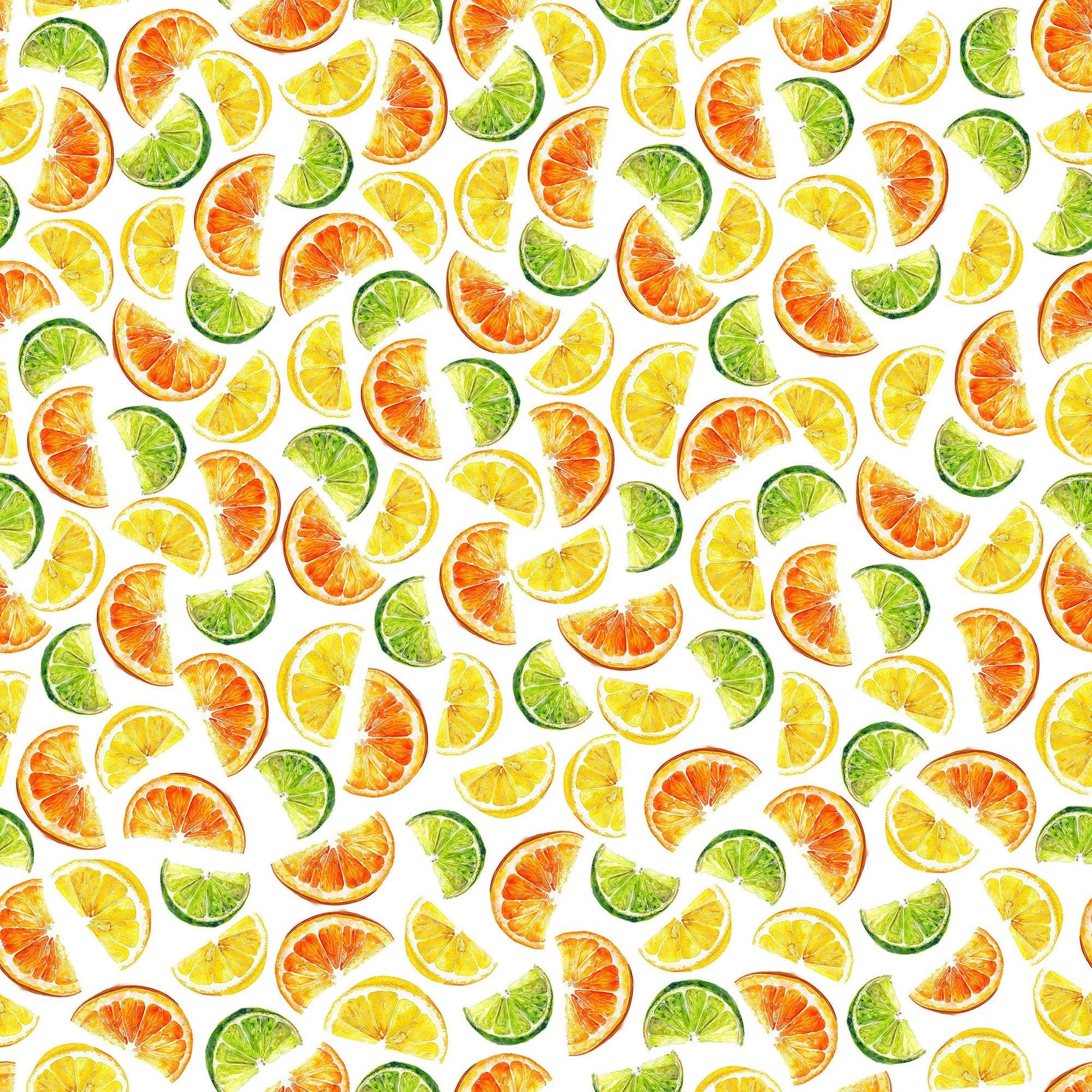 Image of the That's the Spirit Citrus Slices White quilting cotton fabric by Morris Creative Group for QT Fabrics. Features citrus on a white background. Cute Little Fabric Shop