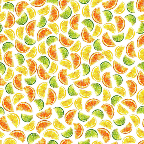Image of the That&#39;s the Spirit Citrus Slices White quilting cotton fabric by Morris Creative Group for QT Fabrics. Features citrus on a white background. Cute Little Fabric Shop
