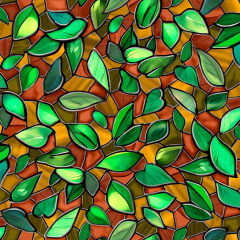 Image of the Tree of Life Leaves Chestnut quilting cotton fabric by QT Fabrics. Features leaves on a green background. Cute Little Fabric Shop
