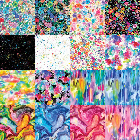 Image of the Gradients Euphoria collage by Moda Fabrics. Features abstract fabrics. 
Cute Little Fabric Shop