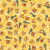 Image of the Brewmaster Cheers Toss Yellow quilting cotton by QT Fabrics. Features beer logos on a yellow background. Cute Little Fabric Shop