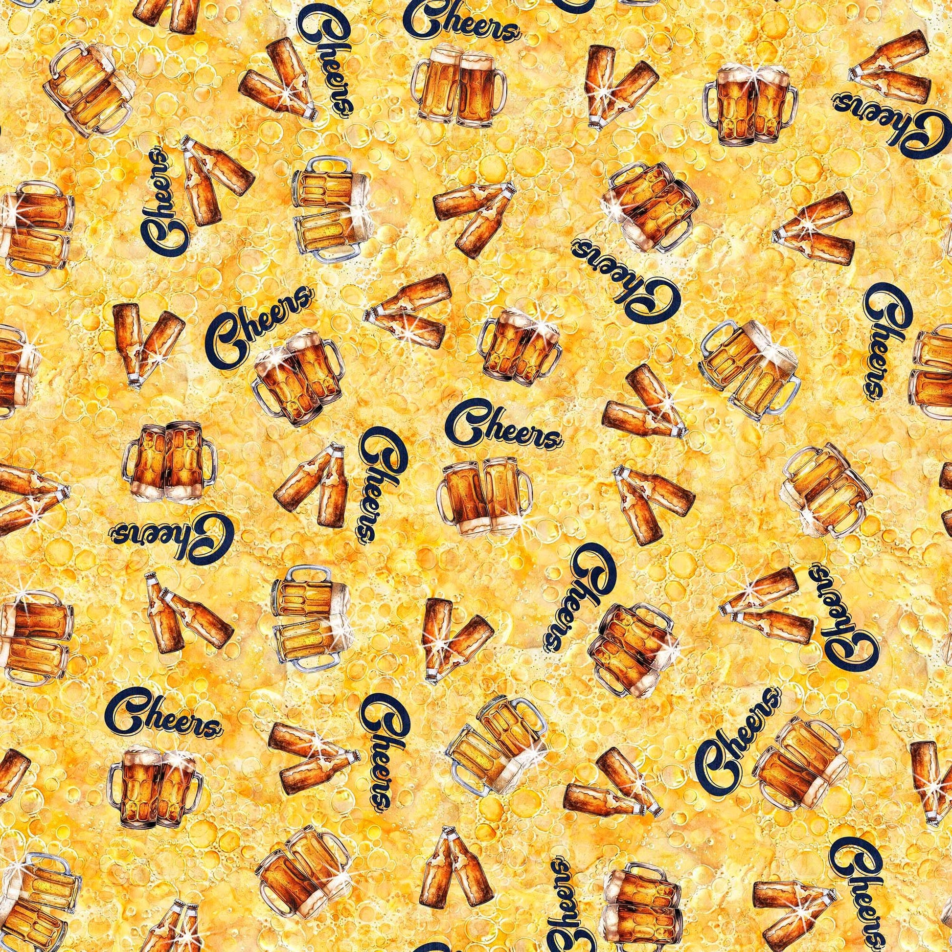 Image of the Brewmaster Cheers Toss Yellow quilting cotton by QT Fabrics. Features beer logos on a yellow background. Cute Little Fabric Shop