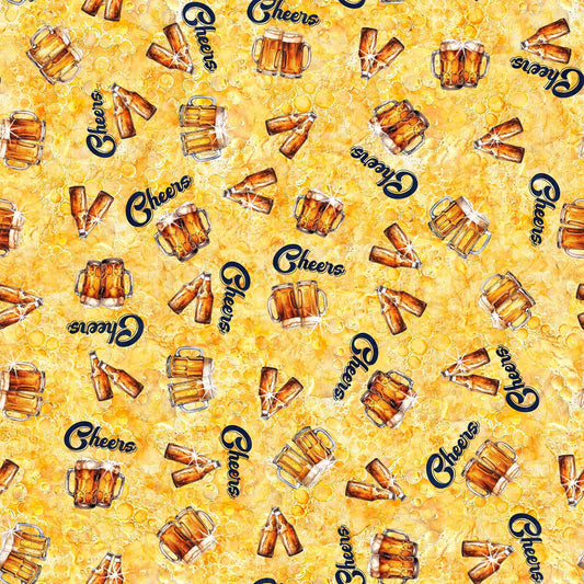 Image of the Brewmaster Cheers Toss Yellow quilting cotton by QT Fabrics. Features beer logos on a yellow background. Cute Little Fabric Shop