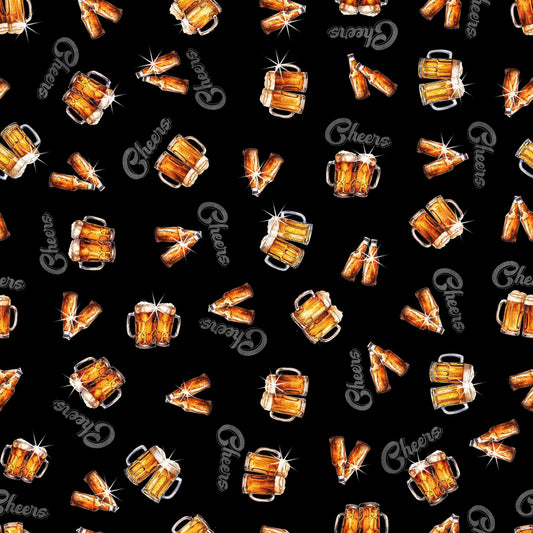 Image of the Brewmaster Cheers Toss Black quilting cotton by QT Fabrics. Features beer logos on a black background. Cute Little Fabric Shop