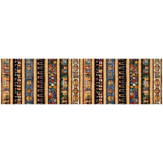 Image of the Brewmaster Beer Decorative Stripe Multi quilting cotton by QT Fabrics. Features stripes on a black background. Cute Little Fabric Shop