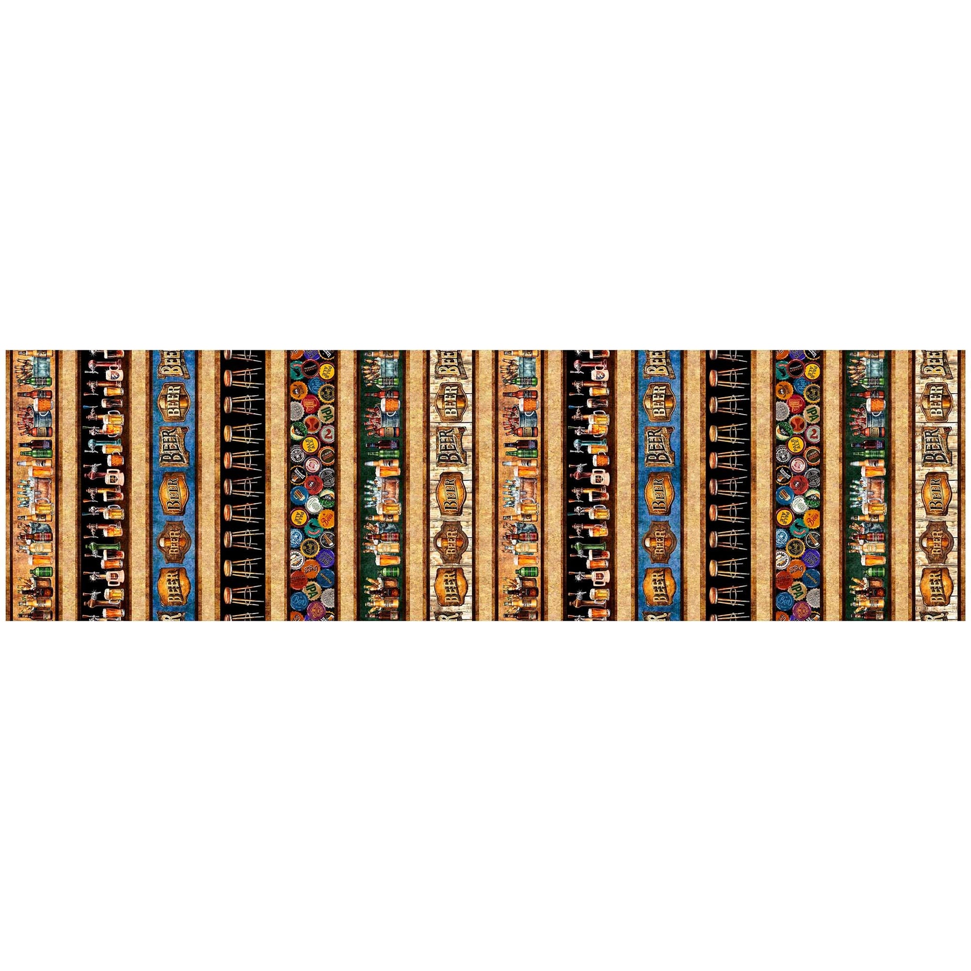 Image of the Brewmaster Beer Decorative Stripe Multi quilting cotton by QT Fabrics. Features stripes on a black background. Cute Little Fabric Shop