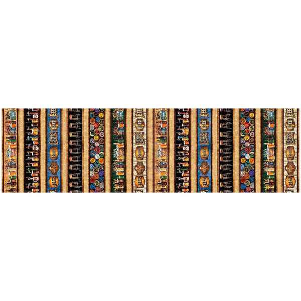 Image of the Brewmaster Beer Decorative Stripe Multi quilting cotton by QT Fabrics. Features stripes on a black background. Cute Little Fabric Shop
