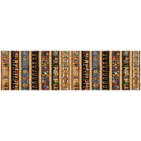 Image of the Brewmaster Beer Decorative Stripe Multi quilting cotton by QT Fabrics. Features stripes on a black background. Cute Little Fabric Shop