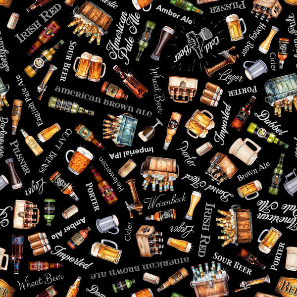Image of the Brewmaster Beer Toss Black quilting cotton by QT Fabrics. Features beer on a black background. Cute Little Fabric Shop