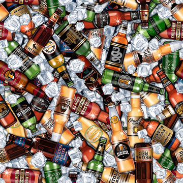 Image of the Brewmaster Beers on Ice Multi quilting cotton by QT Fabrics. Features beer on a black background. Cute Little Fabric Shop