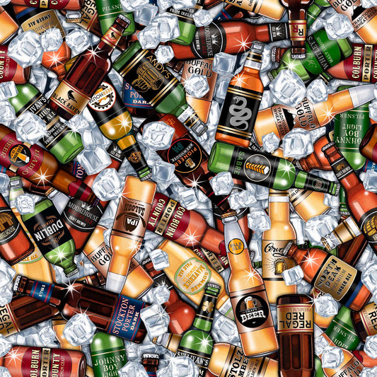 Image of the Brewmaster Beers on Ice Multi quilting cotton by QT Fabrics. Features beer on a black background. Cute Little Fabric Shop