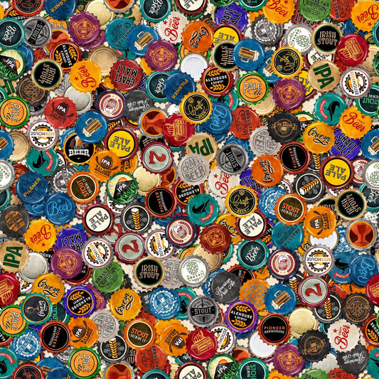Image of the Brewmaster Bottlecaps Multi quilting cotton by QT Fabrics. Features beer on a black background. Cute Little Fabric Shop