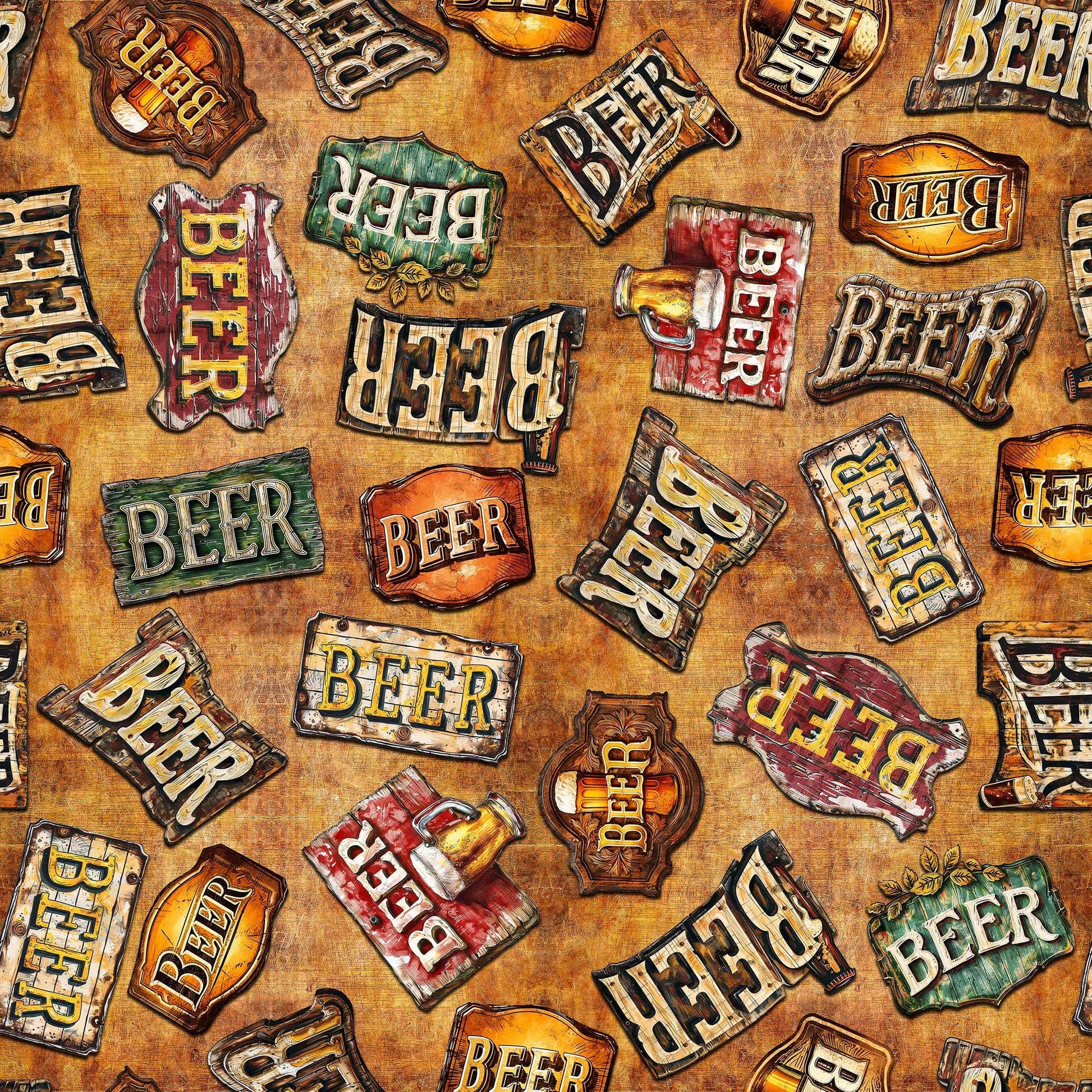 Image of the Brewmaster Beer Signs Toss Nutmeg quilting cotton by QT Fabrics. Features beer on a brown background. Cute Little Fabric Shop