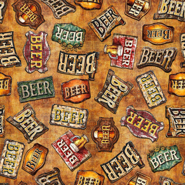 Image of the Brewmaster Beer Signs Toss Nutmeg quilting cotton by QT Fabrics. Features beer on a brown background. Cute Little Fabric Shop