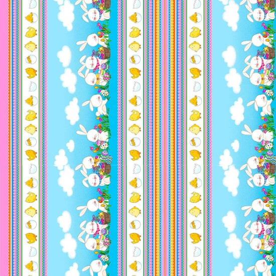 Image of the Hoppy Easter Bunny Decorative Stripe Multi quilting cotton fabric by EunYoung Otsuki for QT Fabrics. Features striped patterns on a blue background. Cute Little Fabric Shop