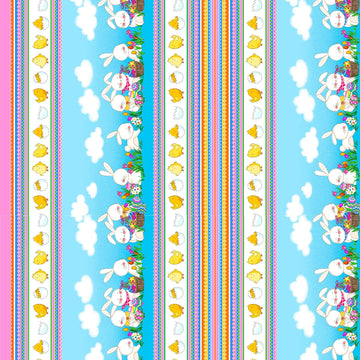 Image of the Hoppy Easter Bunny Decorative Stripe Multi quilting cotton fabric by EunYoung Otsuki for QT Fabrics. Features striped patterns on a blue background. Cute Little Fabric Shop