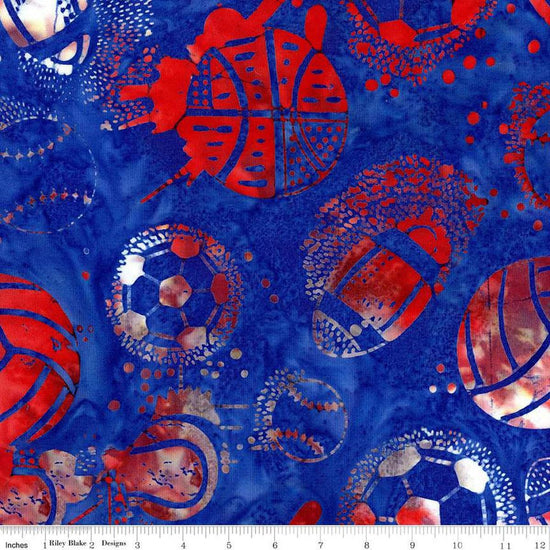 Image of the Expressions Batiks Lets Play Ball! Fireworks quilting cotton batik fabric by Riley Blake Designs. Features sports balls on a blue fabric. 
Cute Little Fabric Shop