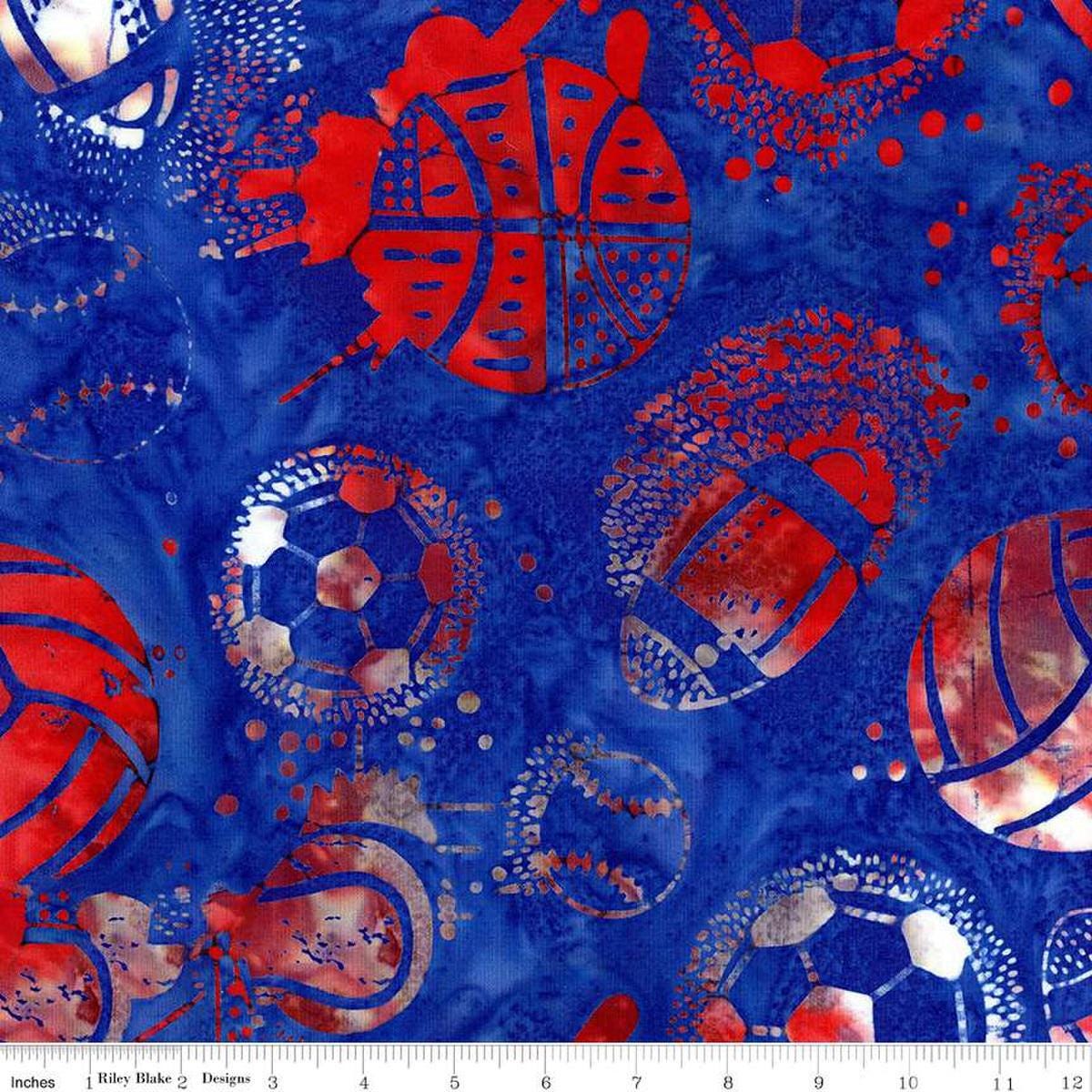 Image of the Expressions Batiks Lets Play Ball! Fireworks quilting cotton batik fabric by Riley Blake Designs. Features sports balls on a blue fabric. 
Cute Little Fabric Shop