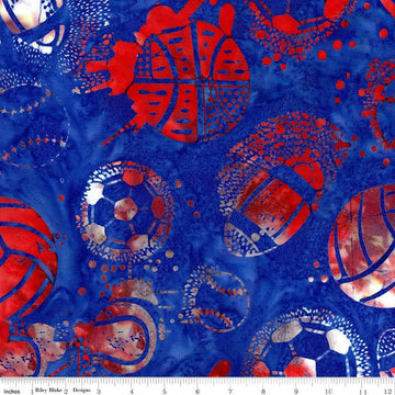 Image of the Expressions Batiks Lets Play Ball! Fireworks quilting cotton batik fabric by Riley Blake Designs. Features sports balls on a blue fabric. 
Cute Little Fabric Shop