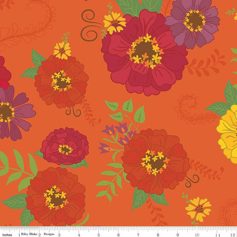 Image of the Wide Back Autumn Afternoon Orange quilting cotton fabric by Heather Peterson for Riley Blake Designs. Features flowers on an orange background. 
Cute Little Fabric Shop